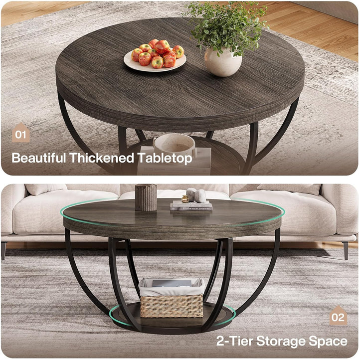 Tribesigns Runde Couchtisch, Industrial 2-Tier-Kreis Couchtisch mit Lagerung Regale, Moderne hölzern