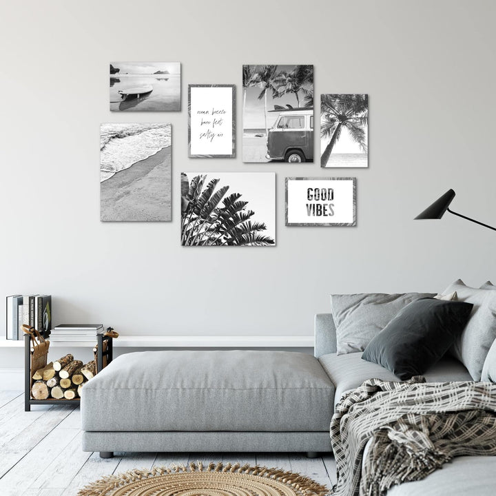 Novart Wandbilder Strand - KOMPLETT AUFHÄNGFERTIG - Schwarz Weiss Wohnzimmer Schlafzimmer- 7 Moderne