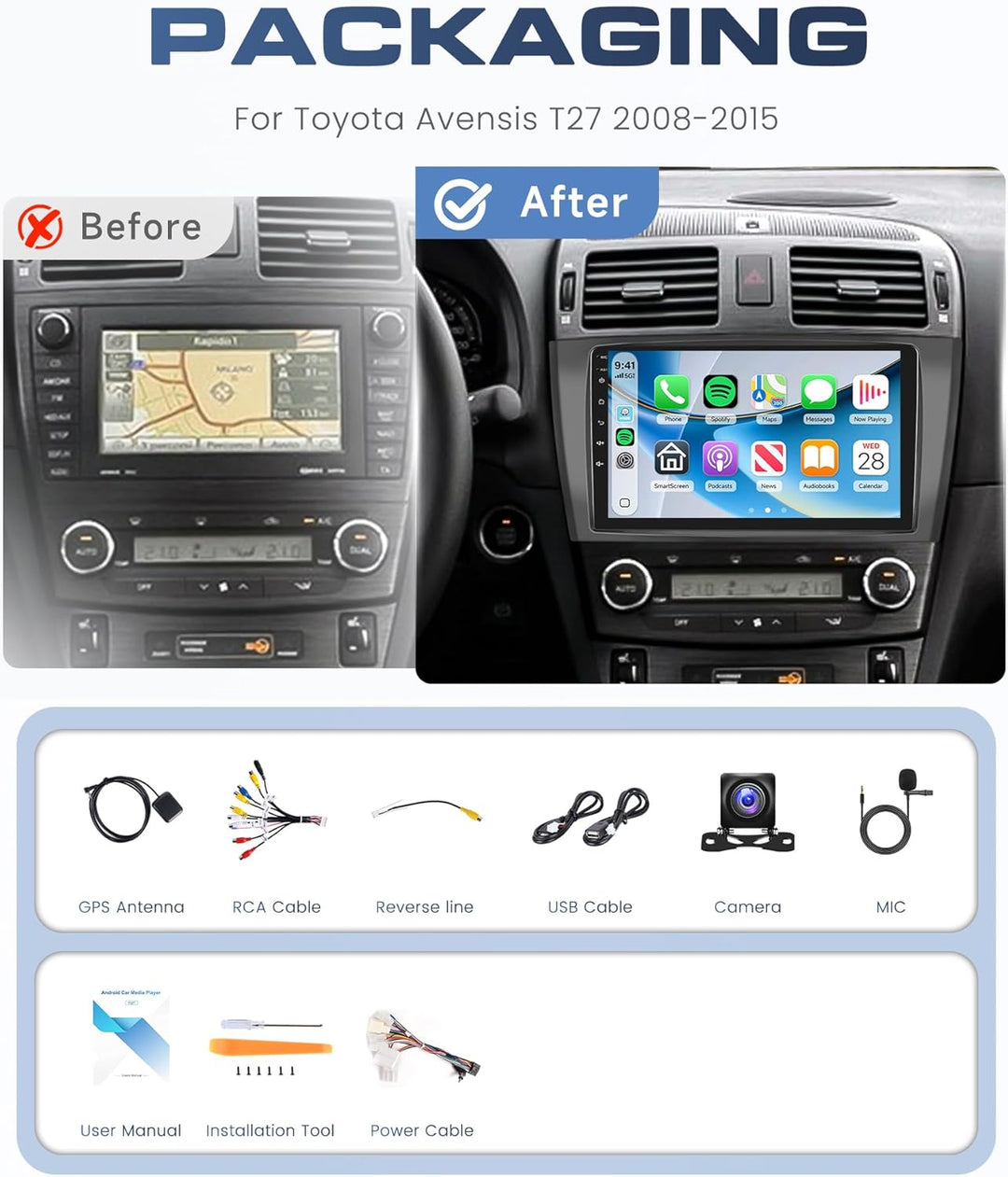 Rimoody 8 Core 6G+128G Autoradio Android für Toyota Avensis T27 2008-2015, 9" Carplay Wireless Andro