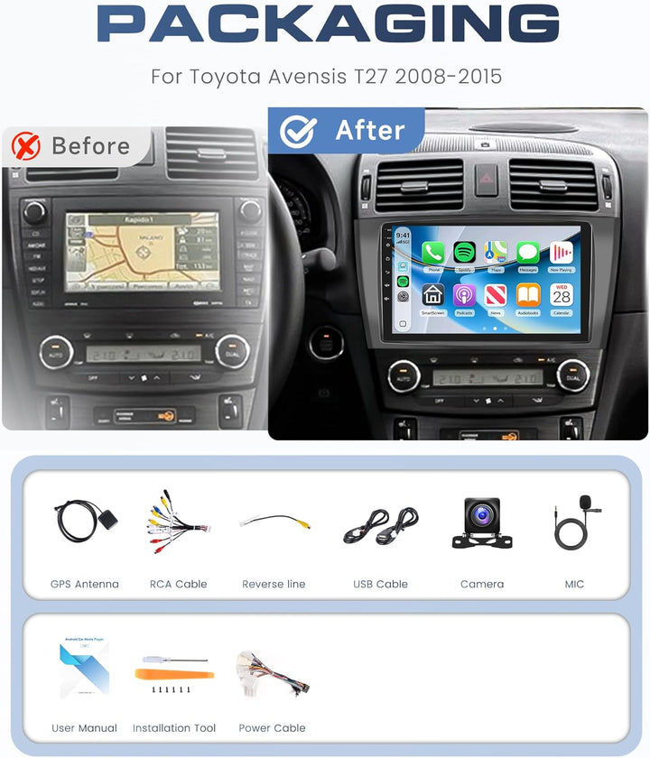 Rimoody 8 Core 6G+128G Autoradio Android für Toyota Avensis T27 2008-2015, 9" Carplay Wireless Andro