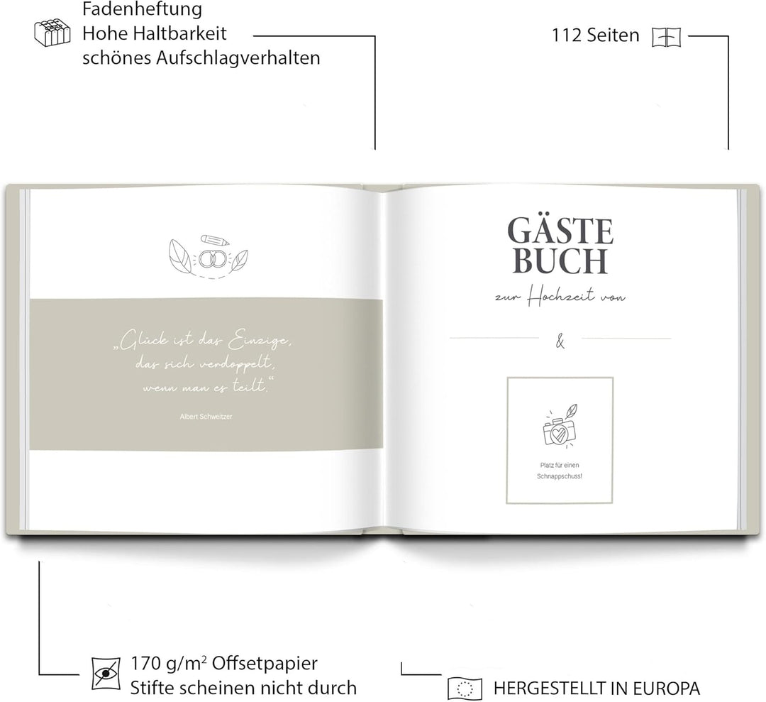 LEAF & GOLD® Gästebuch Hochzeit I Edles Hochzeitsgästebuch mit Fragen I Gästebuch zum Ausfüllen mit