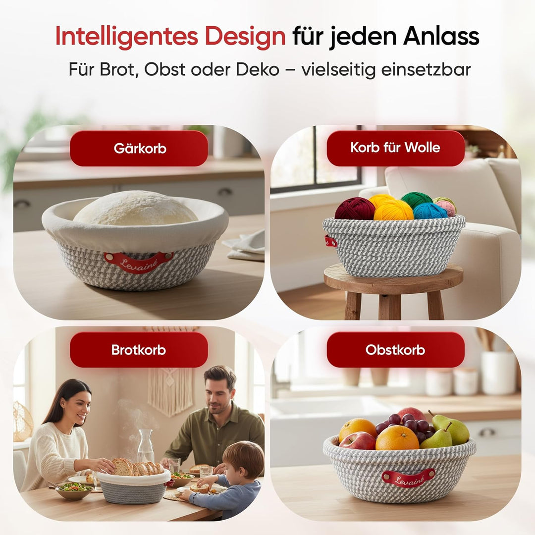 Banneton Gärkörbchen-Set, ovale und runde Gärkörbe aus Baumwollseil mit Einlagen und Abdeckungen, Sa
