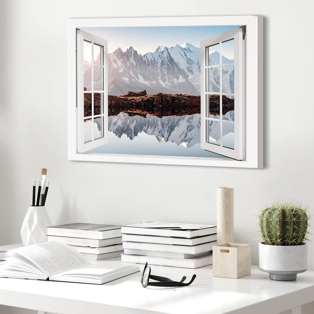 PICANOVA – Bild auf Leinwand Monte Bianco Alpen Bergsee Chesery Fenster 60x40cm Leinwandbild – Premi