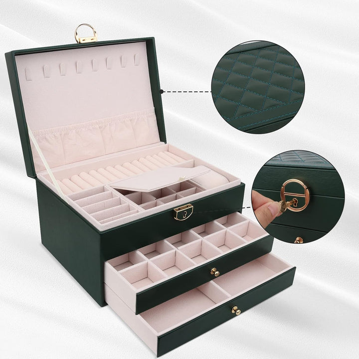 Schmuckkasten, Schmuckkästchen mit 3 Ebenen mit Schubladen, PU-Leder Schmuckbox Schmuckschatulle Gro