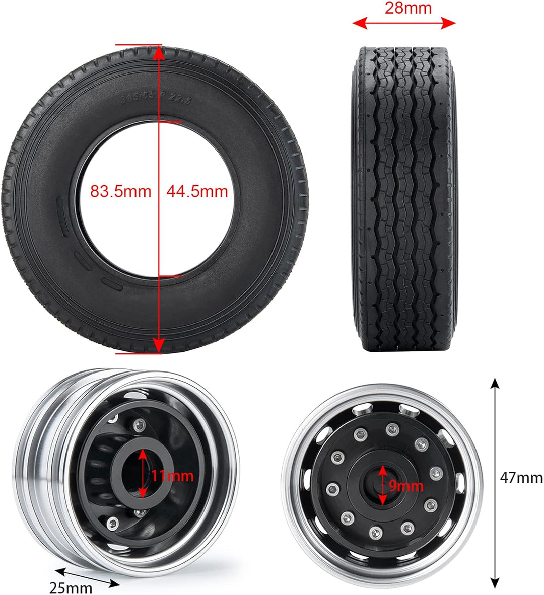 AXspeed 4 Stück Metall Vorderrad Felgen & Reifen RC Räder Reifen Felgen Set für 1/14 Tamiya Traktor