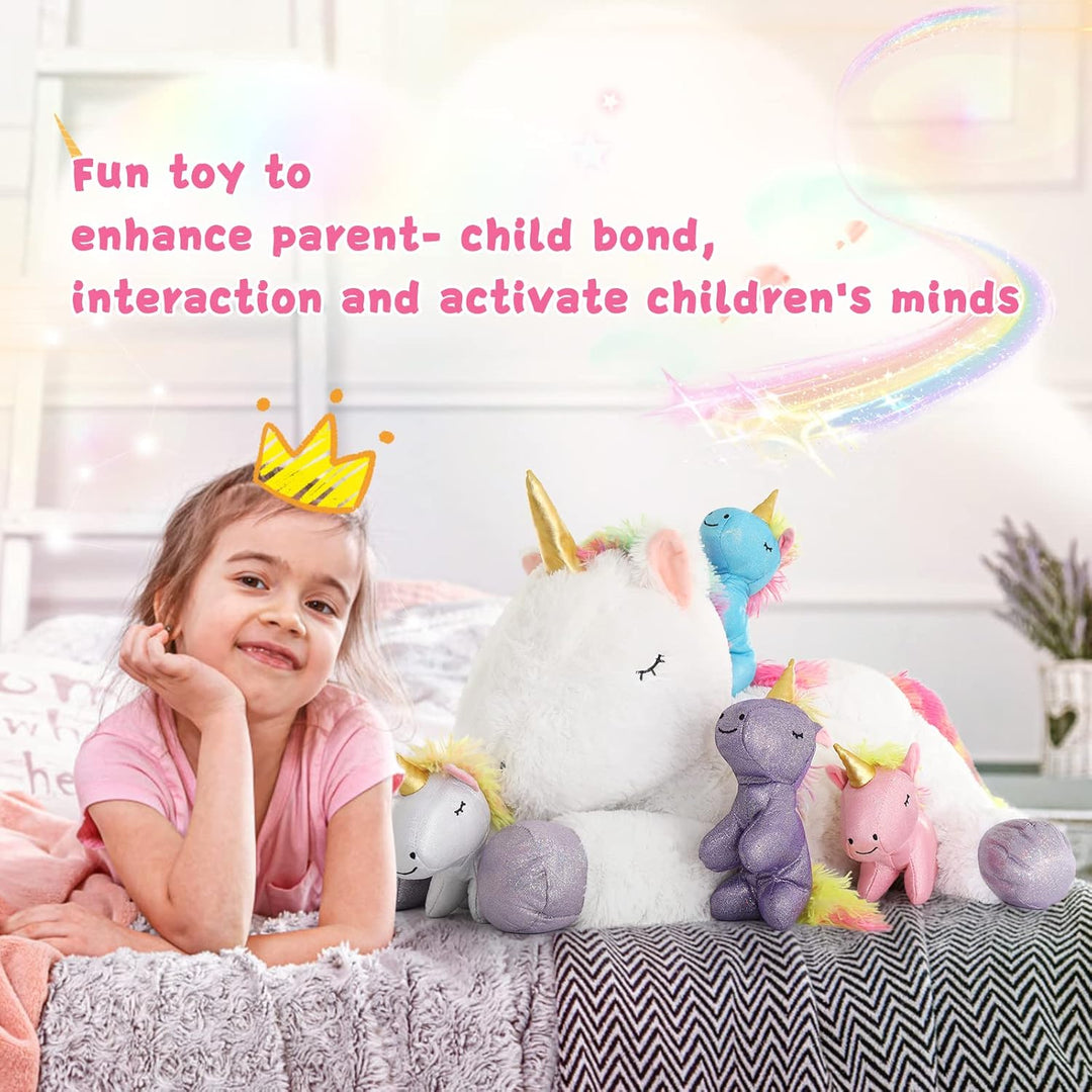MorisMos Einhorn Kuscheltier XXL mit 4 Babys im Bauch, gross Einhorn Plüschtier Stofftier, riesen gr