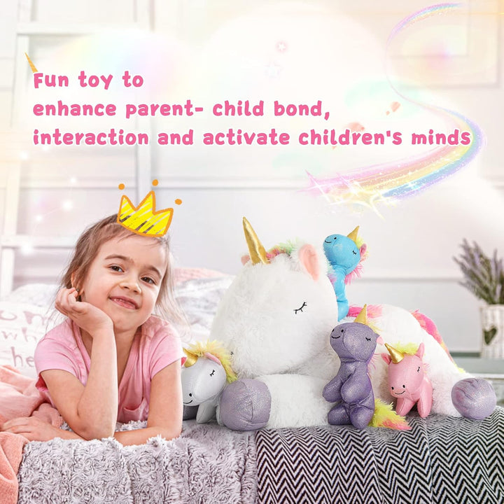 MorisMos Einhorn Kuscheltier XXL mit 4 Babys im Bauch, gross Einhorn Plüschtier Stofftier, riesen gr