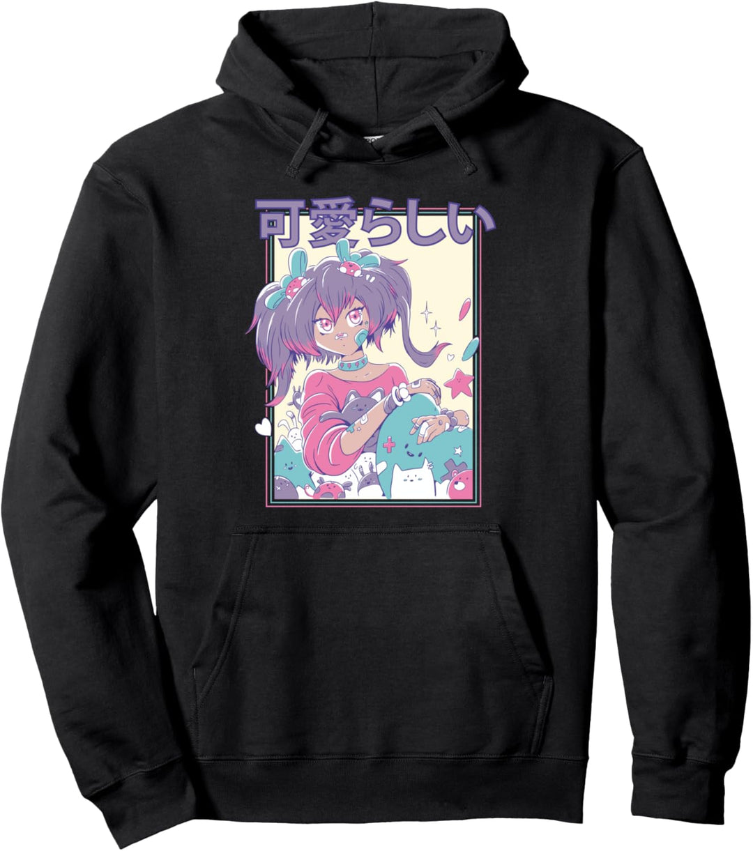 Anime Girl with Cat Japanese Zitat "Lovely" Pastel Graphic Pullover Hoodie