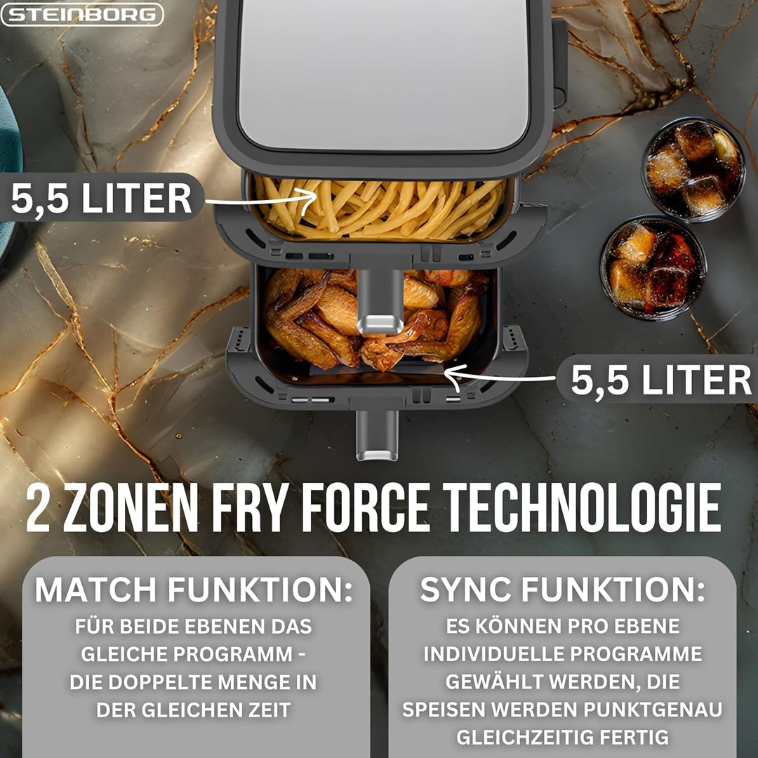 Steinborg® Heissluftfritteuse Doppelkammer 11 Liter Heissluft-Frittieren Heissluftfritteuse 2 vertik