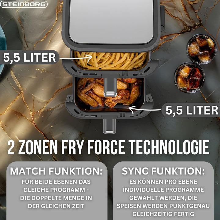 Steinborg® Heissluftfritteuse Doppelkammer 11 Liter Heissluft-Frittieren Heissluftfritteuse 2 vertik