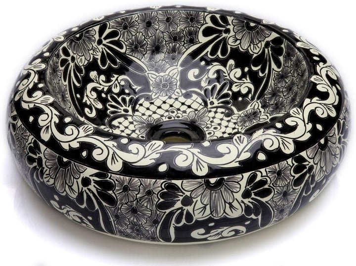 Cerames Serena - Mexikanische Rund Aufsatzwaschbecken schwarz | 40 cm Keramik Talavera klein Waschbe