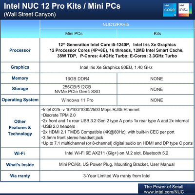 Intel NUC 12 Wall Street Canyon Mini-Computer, Core i5-1240P, 16GB RAM, 512GB SSD, Win 11 Pro, 8K od