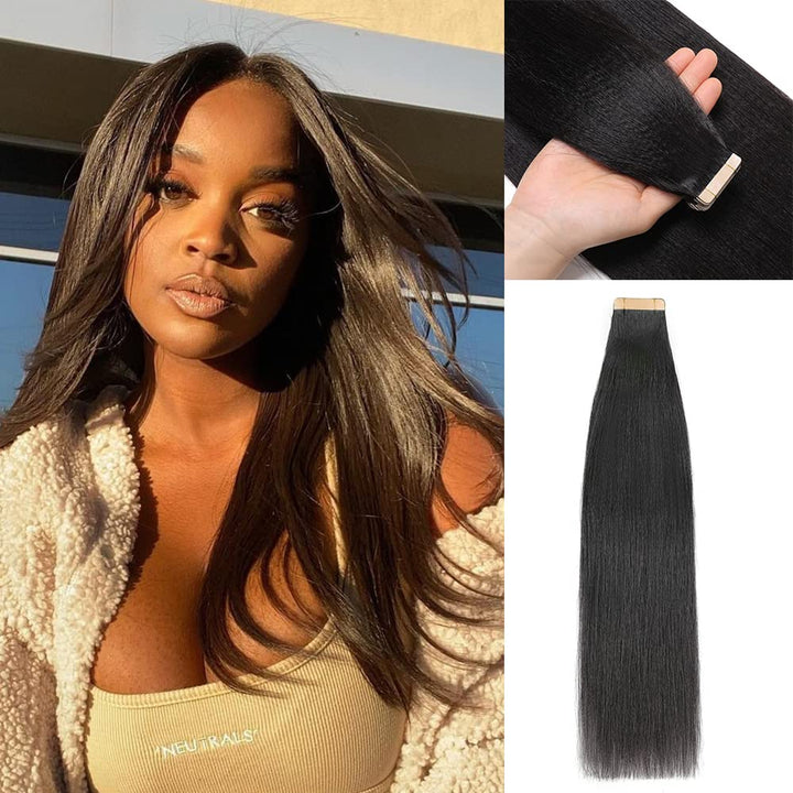 YDDM 16 Zoll Tape Extensions Echthaar 40 Stück 80g Schwarze Frauen Yaki Straight TapeIn HaarverläNge
