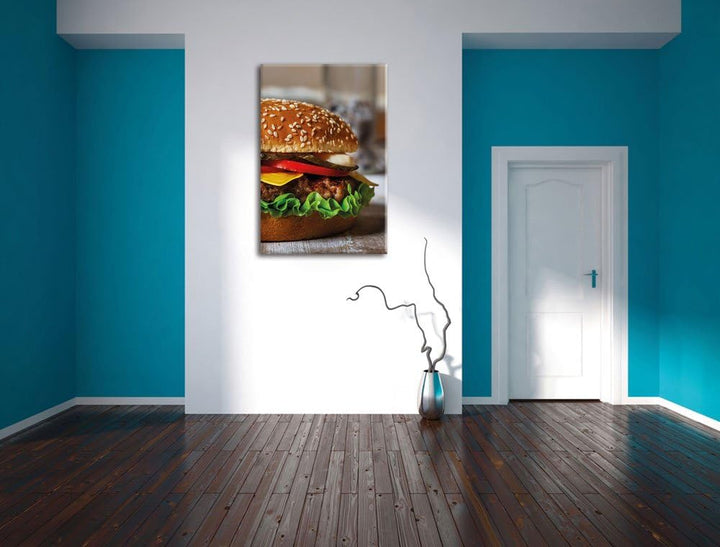 Pixxprint Burger Hamburger Cheesburger Käse Fast Food, Format: 100x70 auf Leinwand, XXL riesige Bild