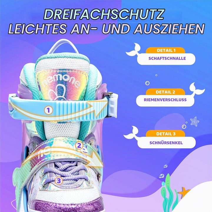 NEMONE Inliner für Mädchen Kinder 4 Grössen Verstellbar Blau Violett Inliner für Kinder Drinnen Drau