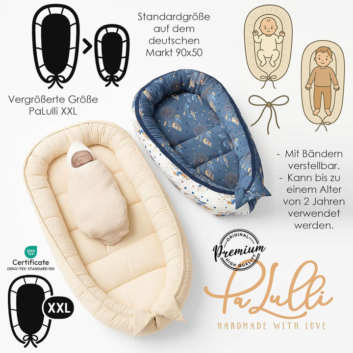 PaLulli 120x60 cm Babynest Babynestchen XXL Babykokon 2seitig 100% Baumwolle Kissen Nestchen für Bab