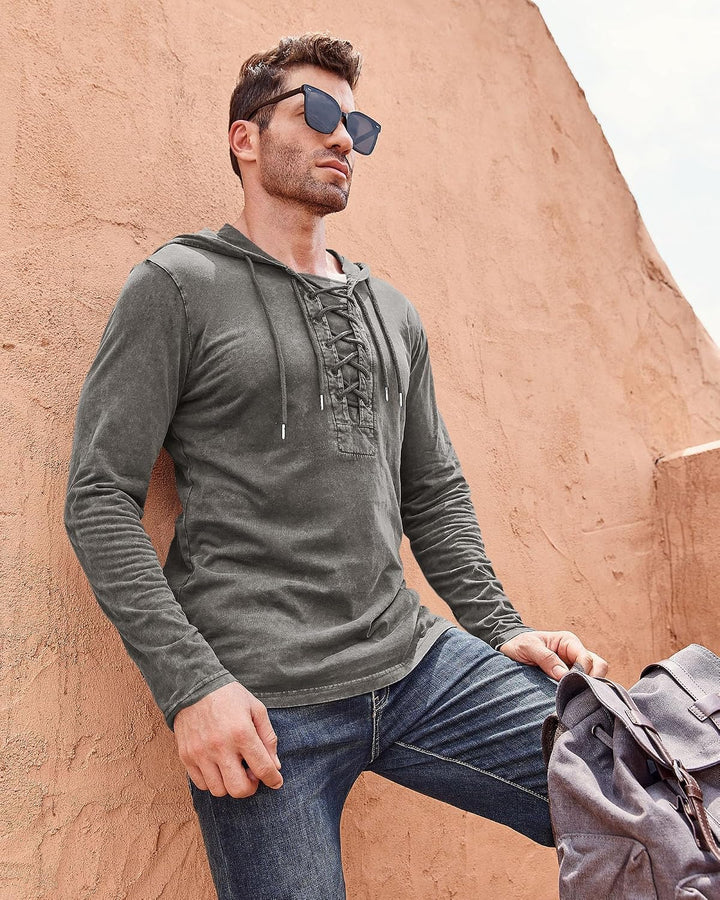 Beotyshow Herren Vintage Hoodie Langarm Shirt Männer Lace Up Hooded Langarmhemd Distressed Casual Ou