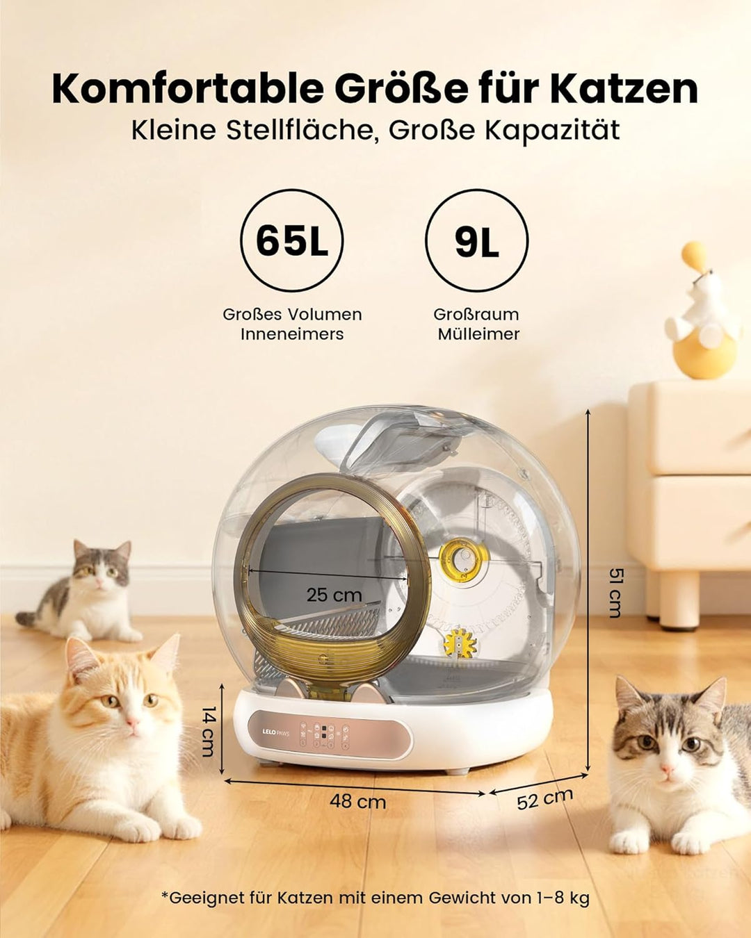Selbstreinigende Katzentoilette mit Türvorhang, 65L+9L Katzenklo Selbstreinigend mit Müllbeutel, Mat