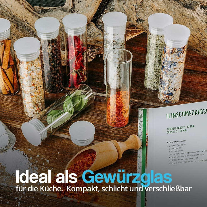 Tuuters 6x Gewürzgläser mit Verschluss (weiss), kleine Glasfläschchen für Gewürze (100 x Ø30 mm) 100