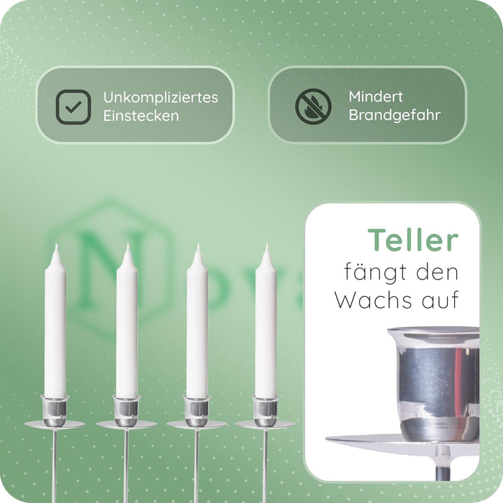 Novaliv 4er-Set Kerzenteller Adventskranz Kerzenpin SILBER Kerzenständer für Stabkerzen Kerzenpick K