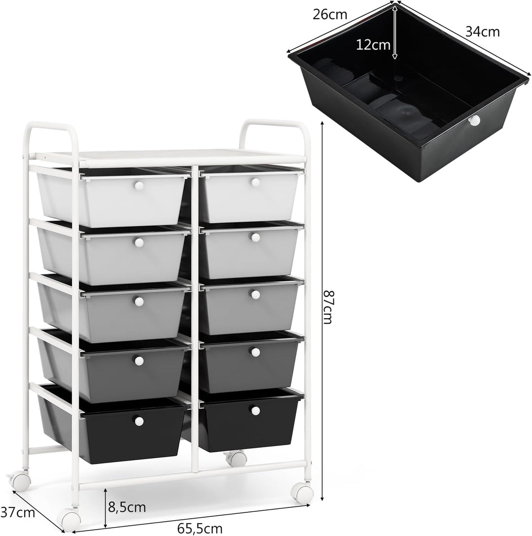 GOPLUS Rollwagen mit 10 Schubladen stapelbar, Rollcontainer mit Ablage & Metallgestell, Badregal, Au