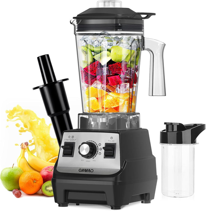 OMMO Standmixer 1.8L Hochleistungsmixer, 300 ml To-Go Becher, 6-Fach Metallmesser, Pulsfunktion, MAX