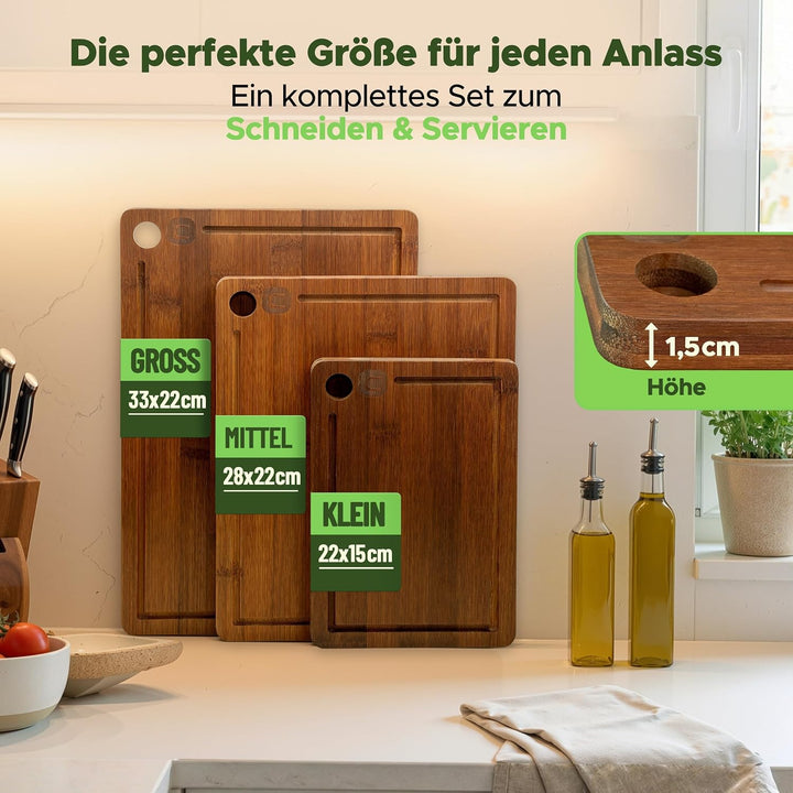 naturlik Schneidebrett Set 3er Karbonisiert - Bambus Schneidebrett Dunkel mit Saftrille - Nachhaltig