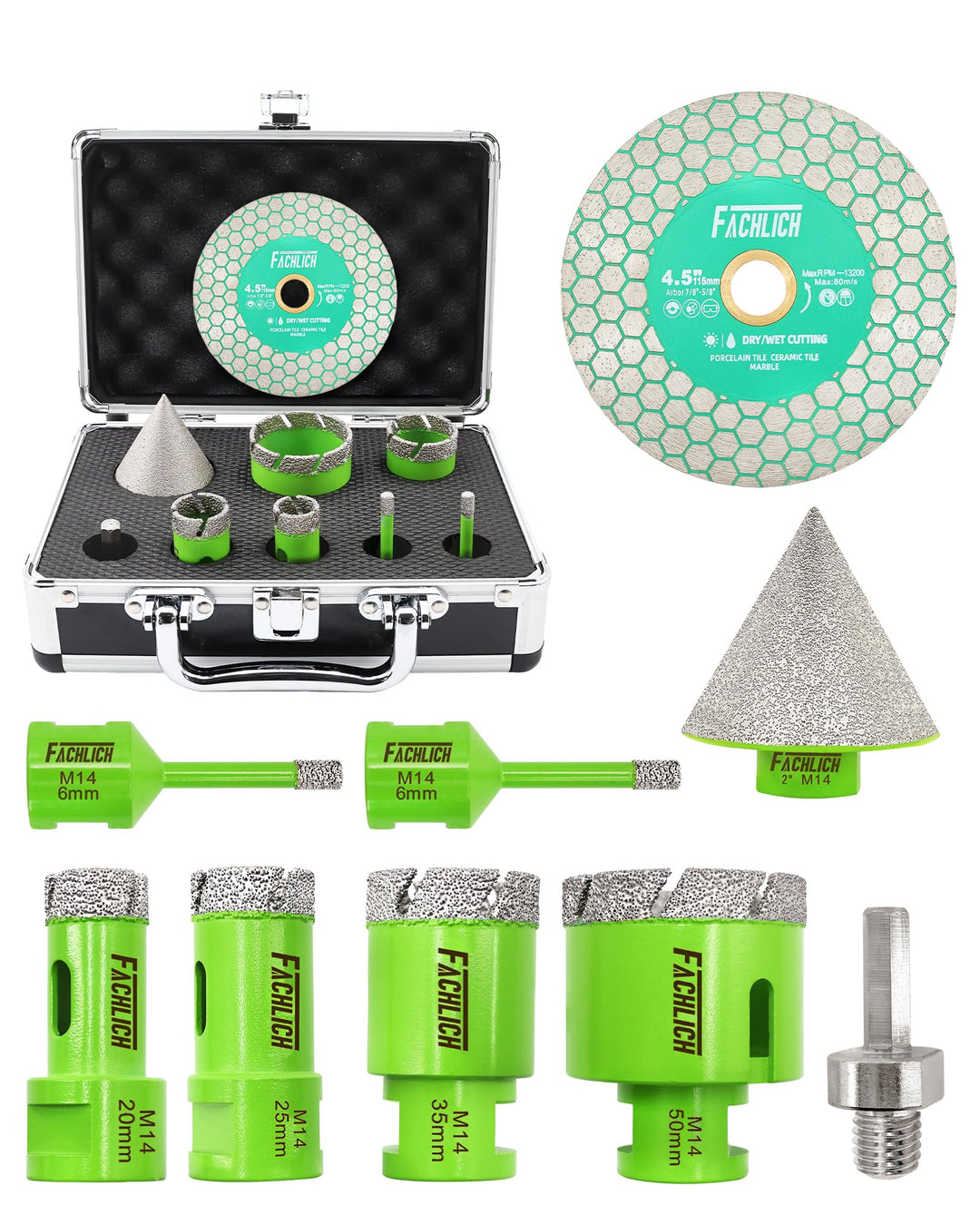 Diamant Fliesenbohrer Set – Diamantbohrer Lochsge 6/6/20/25/35/50mm mit Fasenfrser, M14 Fliesenbohre