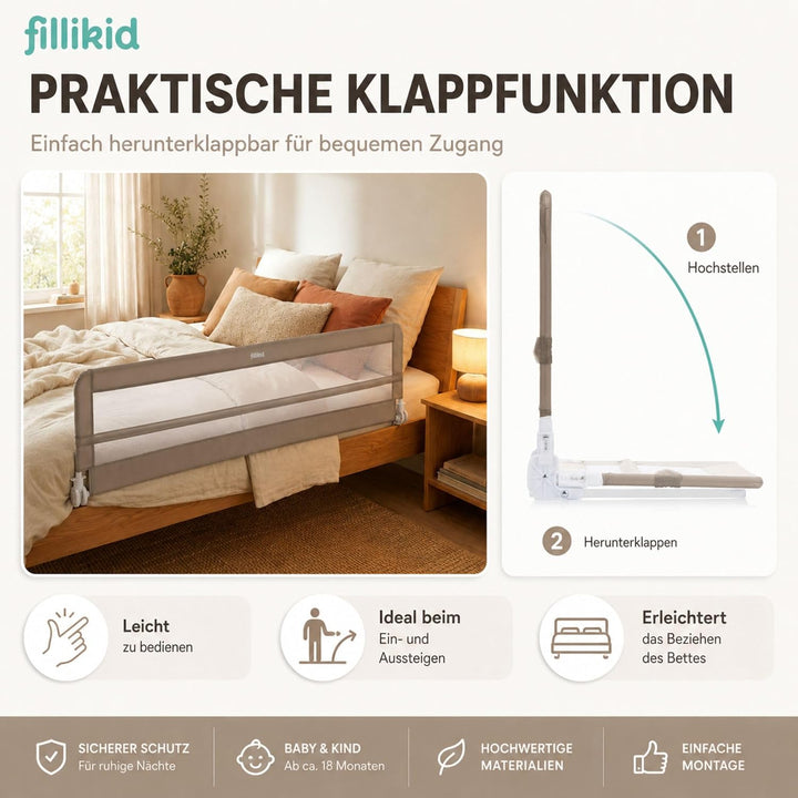 Fillikid Bettgitter Lina XL 180 x 50 cm Exklusiv | Rausfallschutz Bettschutzgitter für Kinderbett &amp;