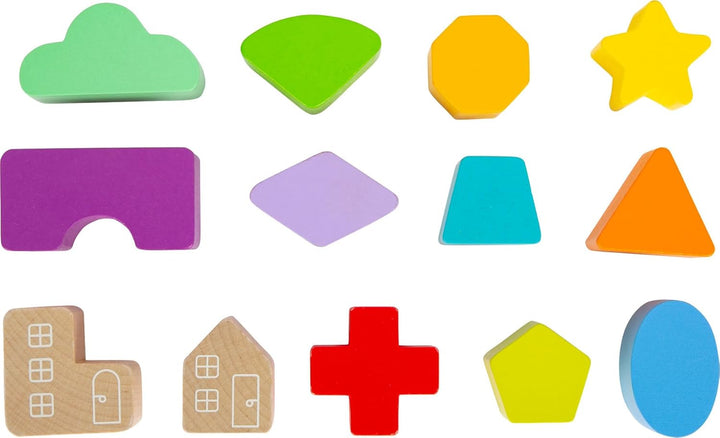 Small Foot Steckwürfel Regenbogen, 13 unterschiedlich geformte Steckelemente aus Holz, ab 12 Monaten