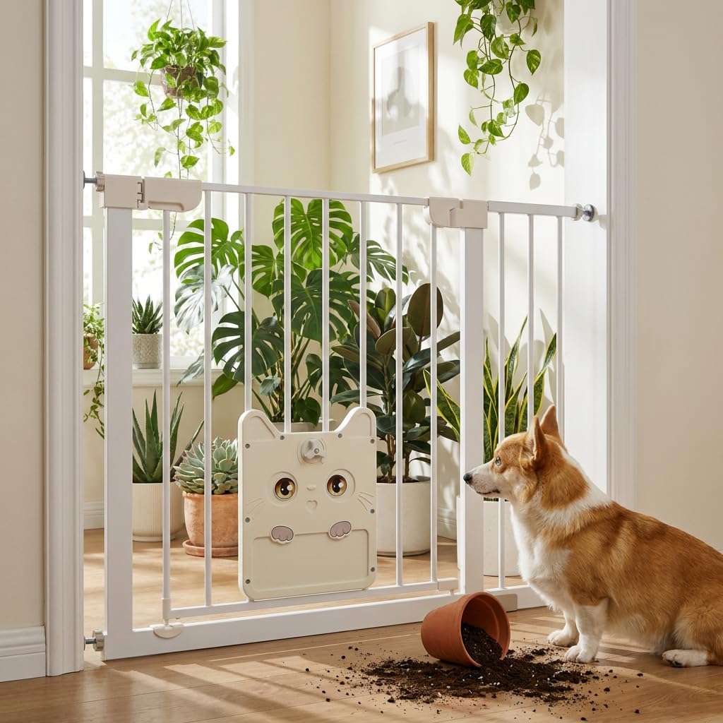 XMTECH Türschutzgitter mit Katzenklappe, ohne Bohren Weiss 95-105cm | Selbstschliessend mit 90° Stop