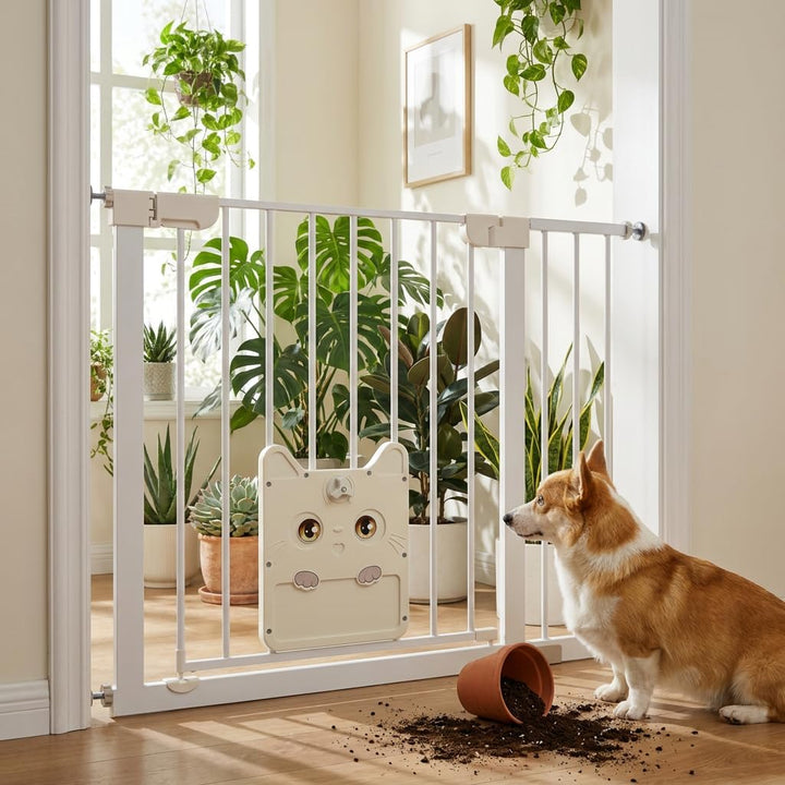 XMTECH Türschutzgitter mit Katzenklappe, ohne Bohren Weiss 95-105cm | Selbstschliessend mit 90° Stop