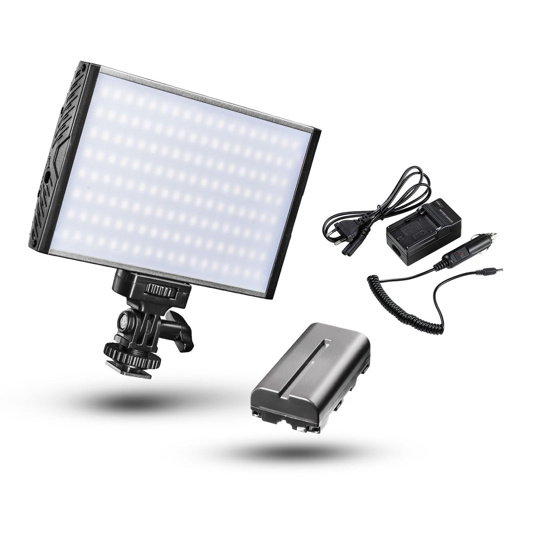 Walimex pro dimmbare On-Camera LED Videoleuchte & Fotolicht + Akku I 3.200-5.600K, 15W, 1500 LM I mo
