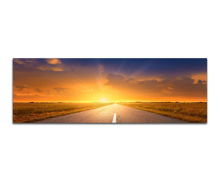 Paul Sinus Art Panoramabild auf Leinwand und Keilrahmen 150x50cm Wiesen Strasse Sonnenuntergang