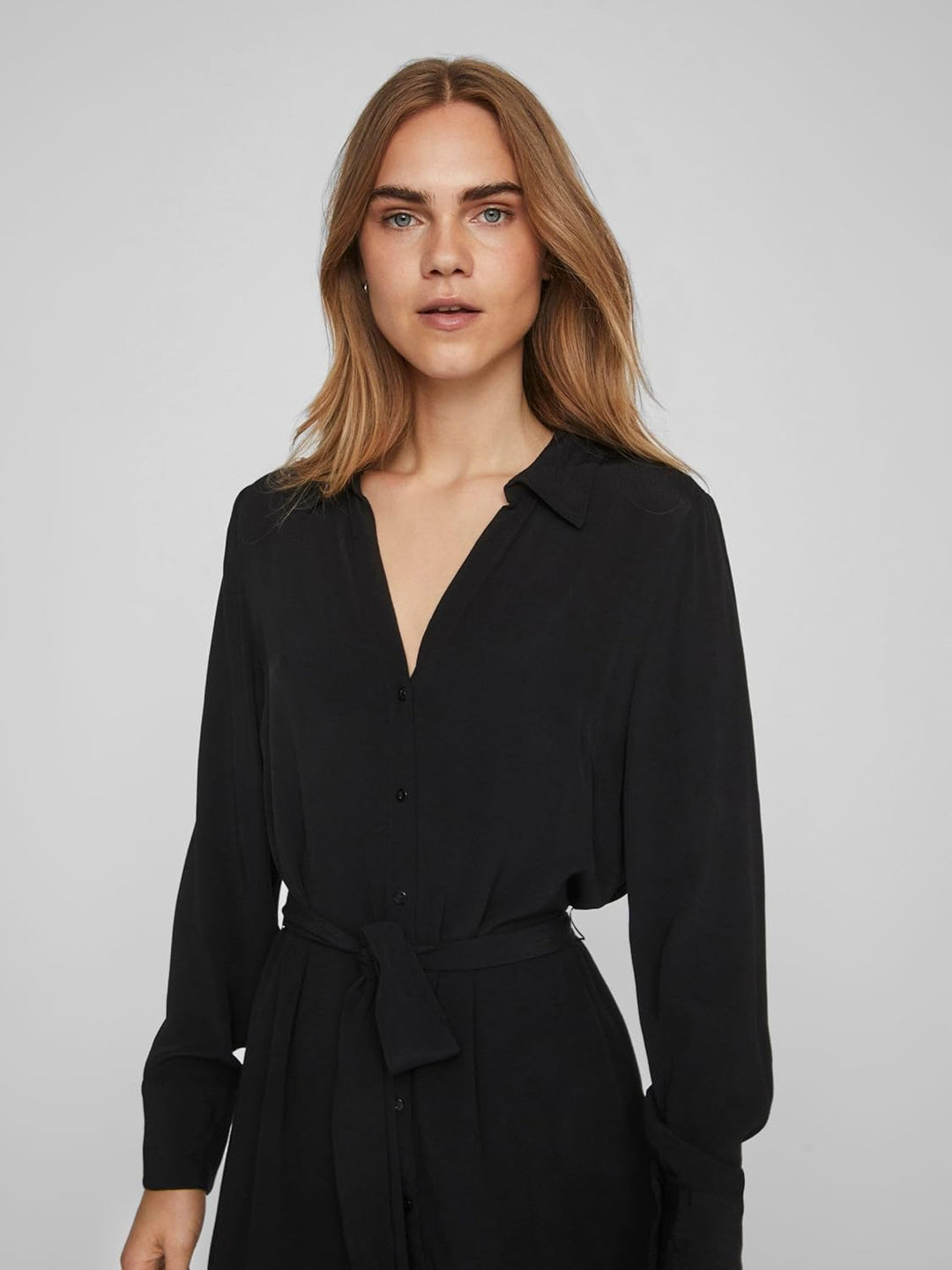 Vila Damen Vifini L/S Midi Shirt Dress-Noos Blusenkleid 34 Schwarz, 34 Schwarz