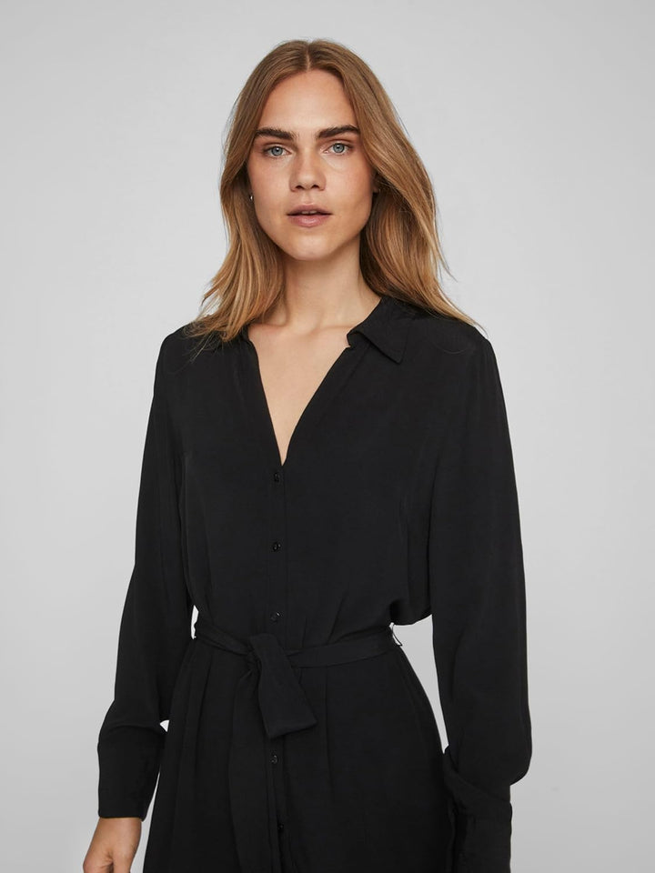 Vila Damen Vifini L/S Midi Shirt Dress-Noos Blusenkleid 34 Schwarz, 34 Schwarz