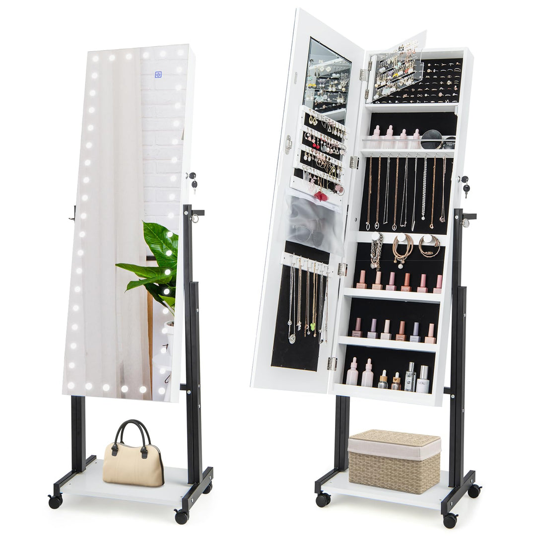 COSTWAY Schmuckschrank mit Rollen, 4 in 1 Spiegelschrank mit 3-farbig LED Leuchten & verstellbarer H