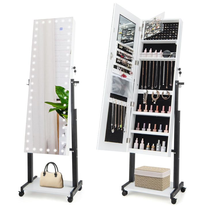 COSTWAY Schmuckschrank mit Rollen, 4 in 1 Spiegelschrank mit 3-farbig LED Leuchten & verstellbarer H