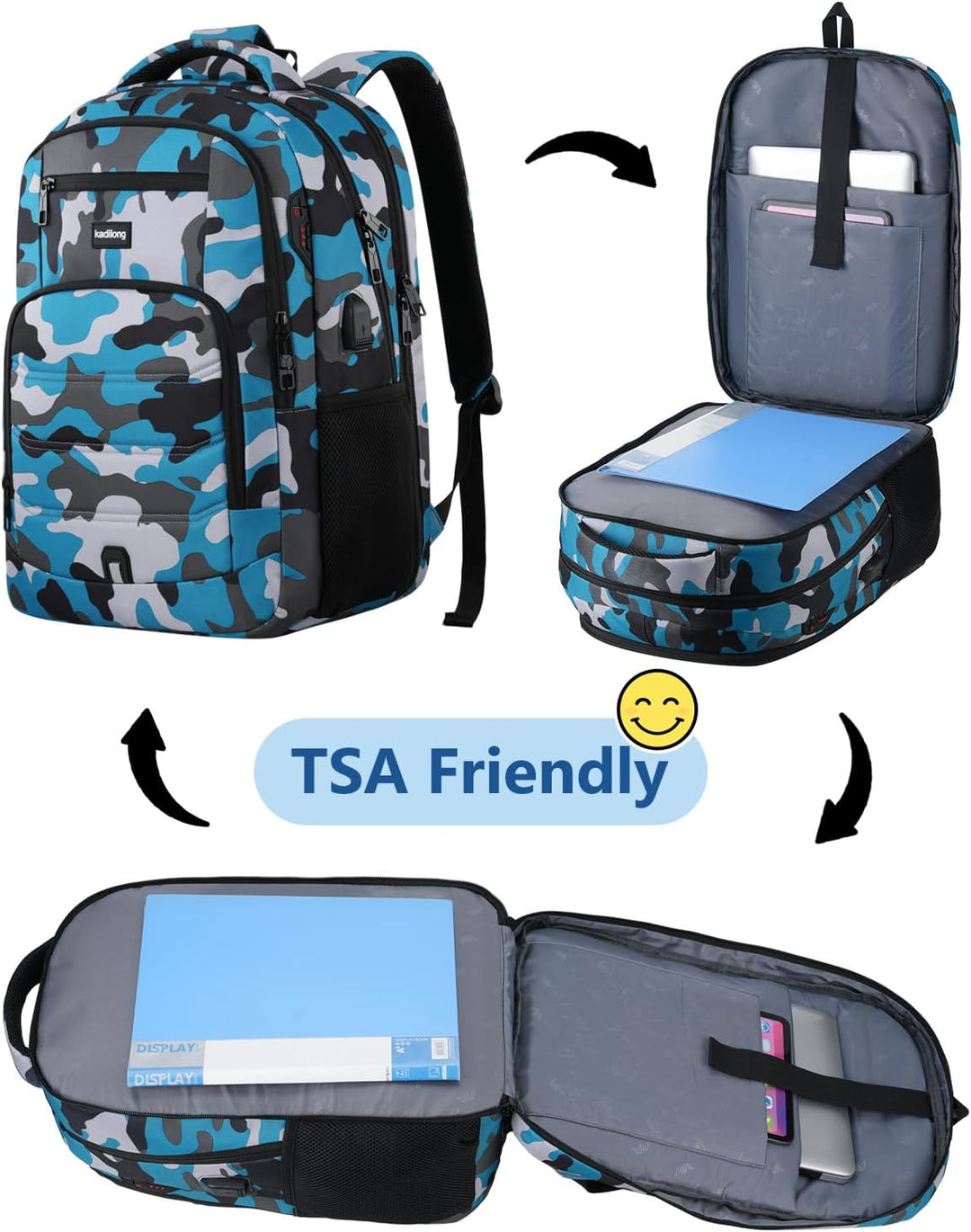 kadilong 15.6 Zoll Rucksack Laptop Herren,Schulrucksack Jungen Teenager Schulranzen Schule mit USB L