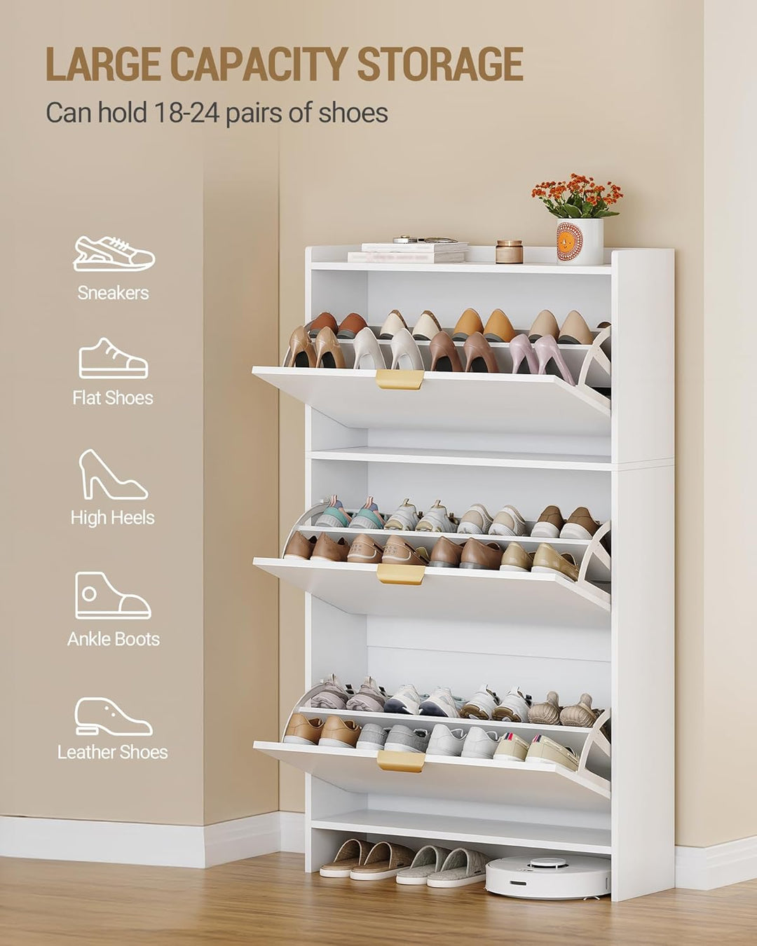 Hzuaneri Schuhschrank mit 3 Klappen, Schuhregal, Schuhkipper Schmal, Verstellbar, Schuhaufbewahrung,