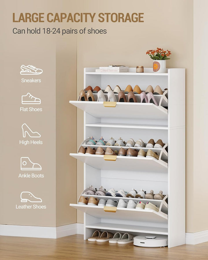 Hzuaneri Schuhschrank mit 3 Klappen, Schuhregal, Schuhkipper Schmal, Verstellbar, Schuhaufbewahrung,