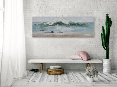 KunstLoft Leinwandbild | 100% HANDGEMALT | 150x50cm | Gemälde 'Vamos a la Playa' | Meer | Blau Weiss