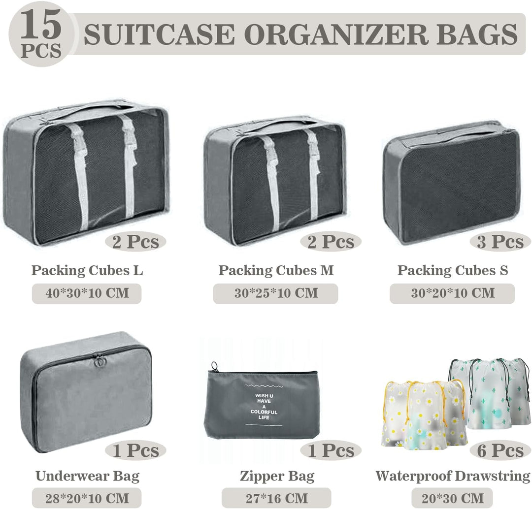 Koffer Organizer Set, 15 Stück Packing Cubes, Wasserdichte Kleidertaschen für Urlaub und Reisen, Tra