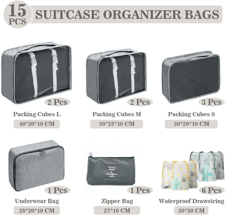 Koffer Organizer Set, 15 Stück Packing Cubes, Wasserdichte Kleidertaschen für Urlaub und Reisen, Tra