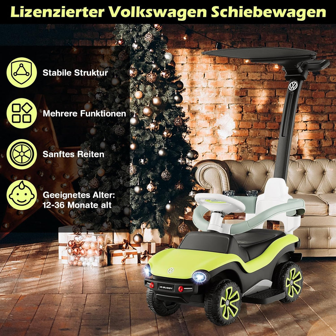 GOPLUS 3 in 1 VW autorisierte Schiebeauto, Rutschfahrzeug mit abnehmbarem Schiebgriff, Schutzbügel,