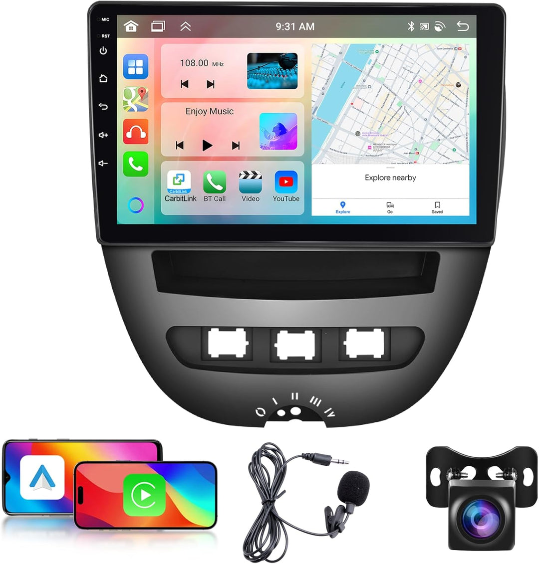 Podofo 10,1 Zoll Autoradio für Peugeot 107/Citroen C1/Toyota Aygo, kabelloses Carplay, Android Auto,