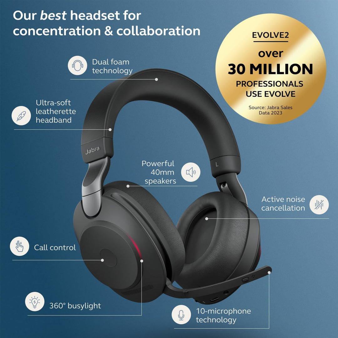 Jabra Evolve2 85 MS Kabellose Kopfhörer mit Link380c & Ladeständer, Stereo, Schwarz - Wireless Bluet