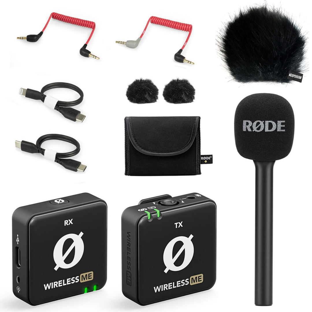 Rode Wireless ME Drahtlos-Mikrofon-Set + Interview GO Griff-Handadapter + keepdrum Fell-Windschutz B
