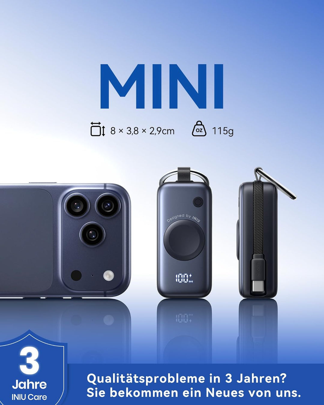 INIU Power Bank, 5000mAh 20W PD mini Powerbank mit Integriertes USB-C Kabel, Zubehör für Apple Watch