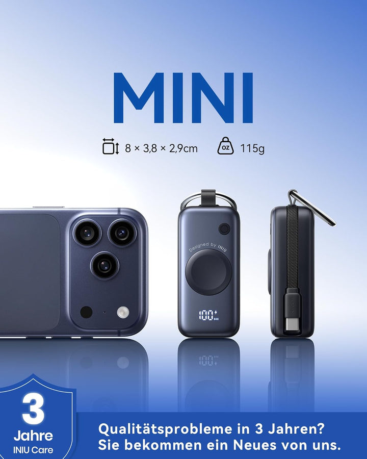INIU Power Bank, 5000mAh 20W PD mini Powerbank mit Integriertes USB-C Kabel, Zubehör für Apple Watch
